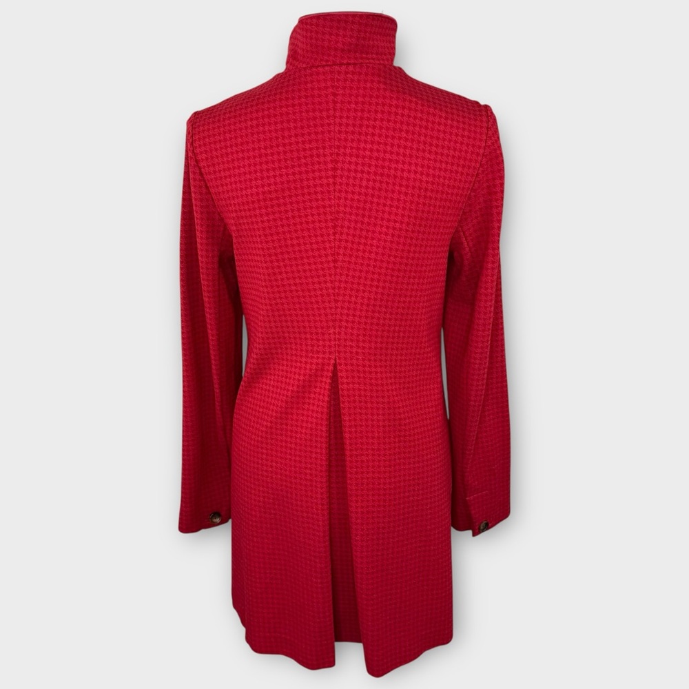 CAbi Red Houndstooth Long Coat S Chic Elegant Ponte Asymmetrical Ruffle Peacoat - Picture 7 of 13